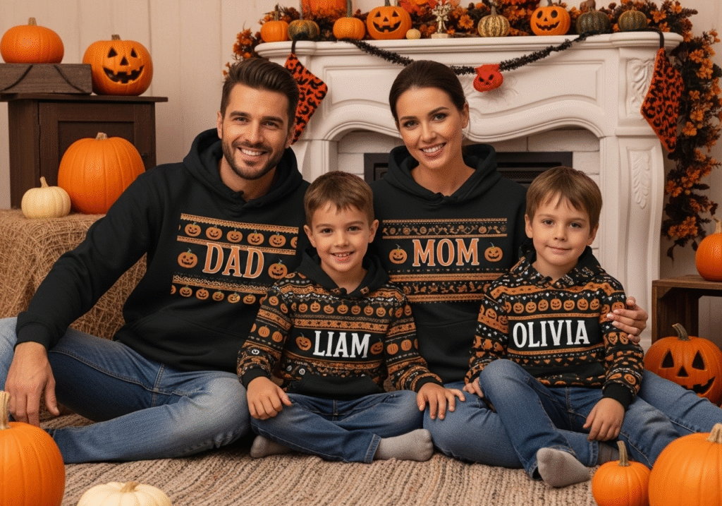 Family wearing matching personalized Halloween hoodie