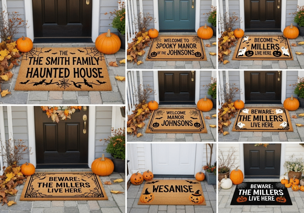 Product mockups showing personalized doormat designs with family names